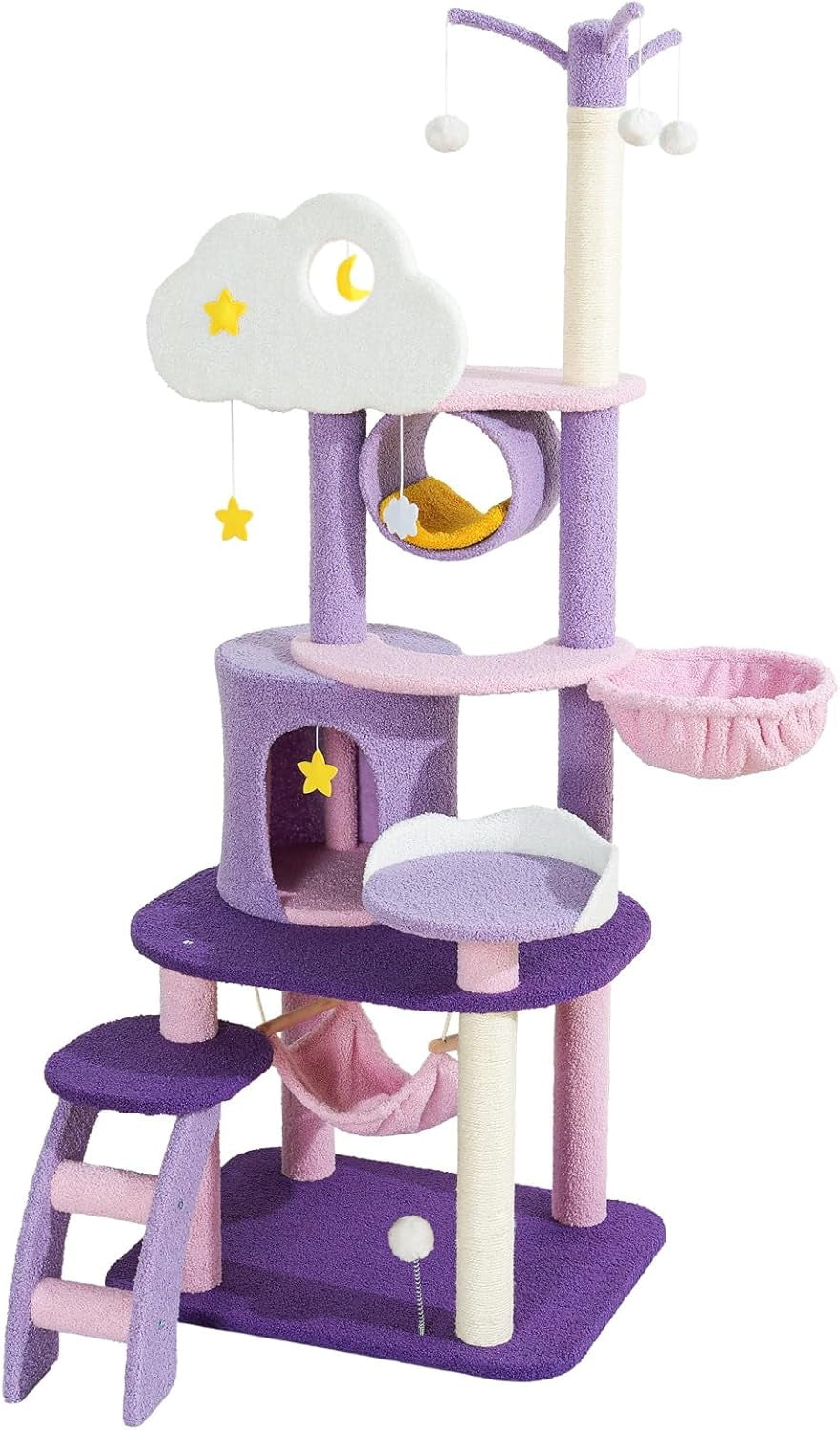 Cute Cat Tower 65 Inches, Unique Cat Tree Large Tall for Indoor Cats, Purple Pink Cloud Big Cat Tree Cat Castle Mansion Condo for Large Cats Activity Trees with Scratching Post Hammock