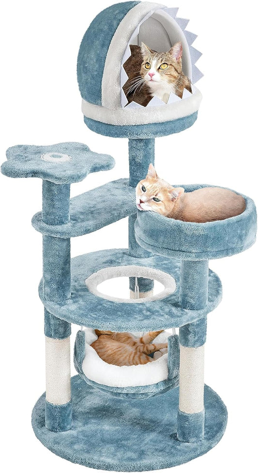 45.5In Ocean-Themed Cat Tree Multi-Level Cat Tower, Plush Pet Furniture with Shark'S Mouth-Shaped Nest, Sea Star-Shaped Perch, Jellyfish-Style Hammock for Indoor Kitty
