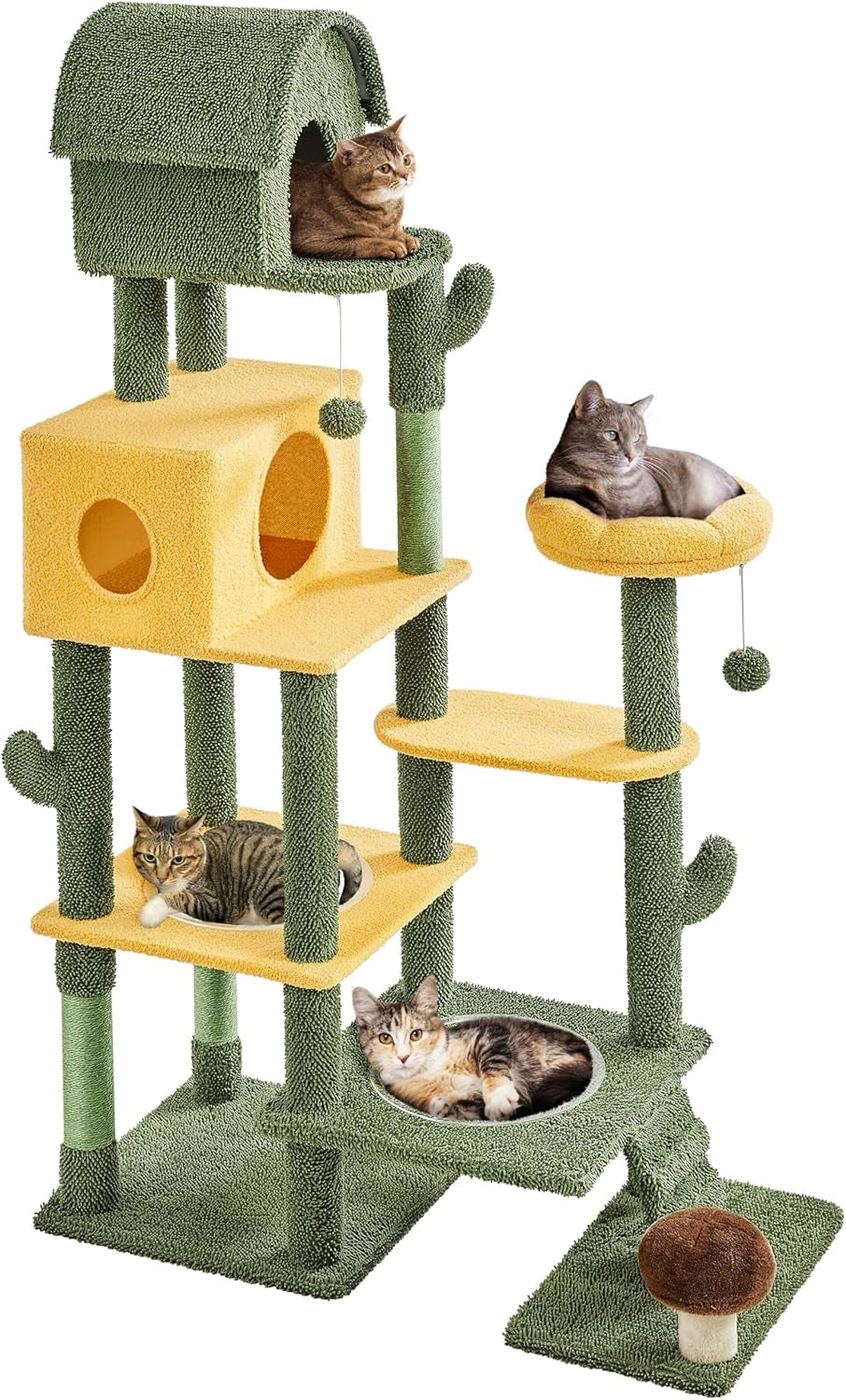 68.5In Tall Cactus Cat Tree, Multi-Level Tower with 2 Large Condos, Scratching Posts, 2 Acrylic Clear Bowls, Mushroom Perch & Dangling Balls