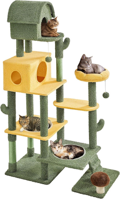 68.5In Tall Cactus Cat Tree, Multi-Level Tower with 2 Large Condos, Scratching Posts, 2 Acrylic Clear Bowls, Mushroom Perch & Dangling Balls